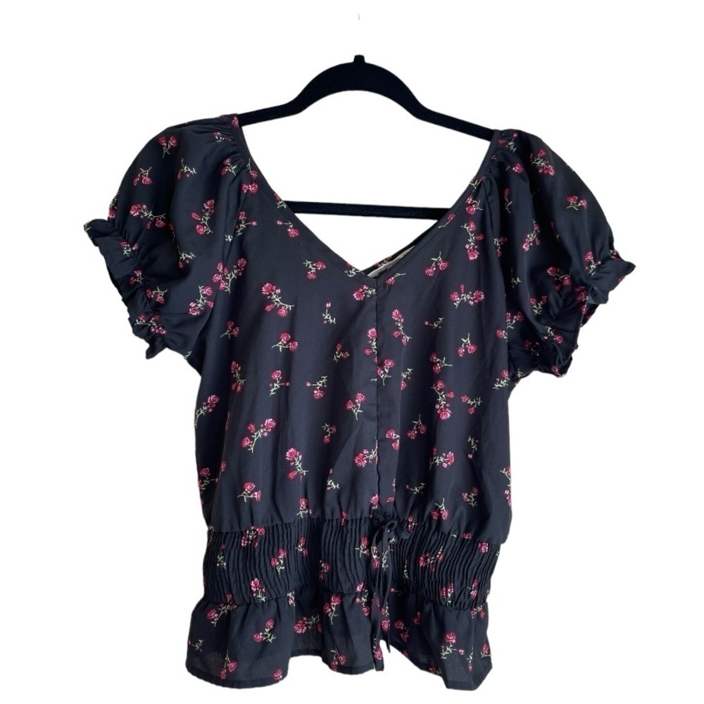 Black Floral V-Neck Short Sleeve Peplum Top